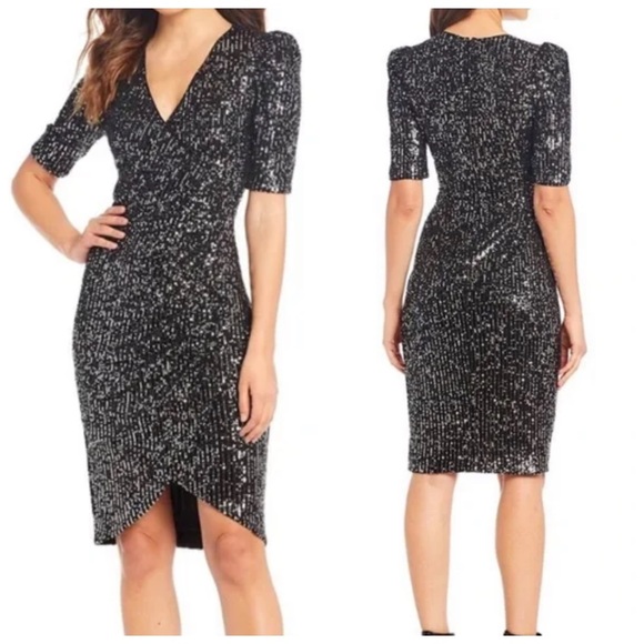 Calvin Klein Black fully Sequin Side Ruched Dress short sleeve size 12 - Picture 1 of 11